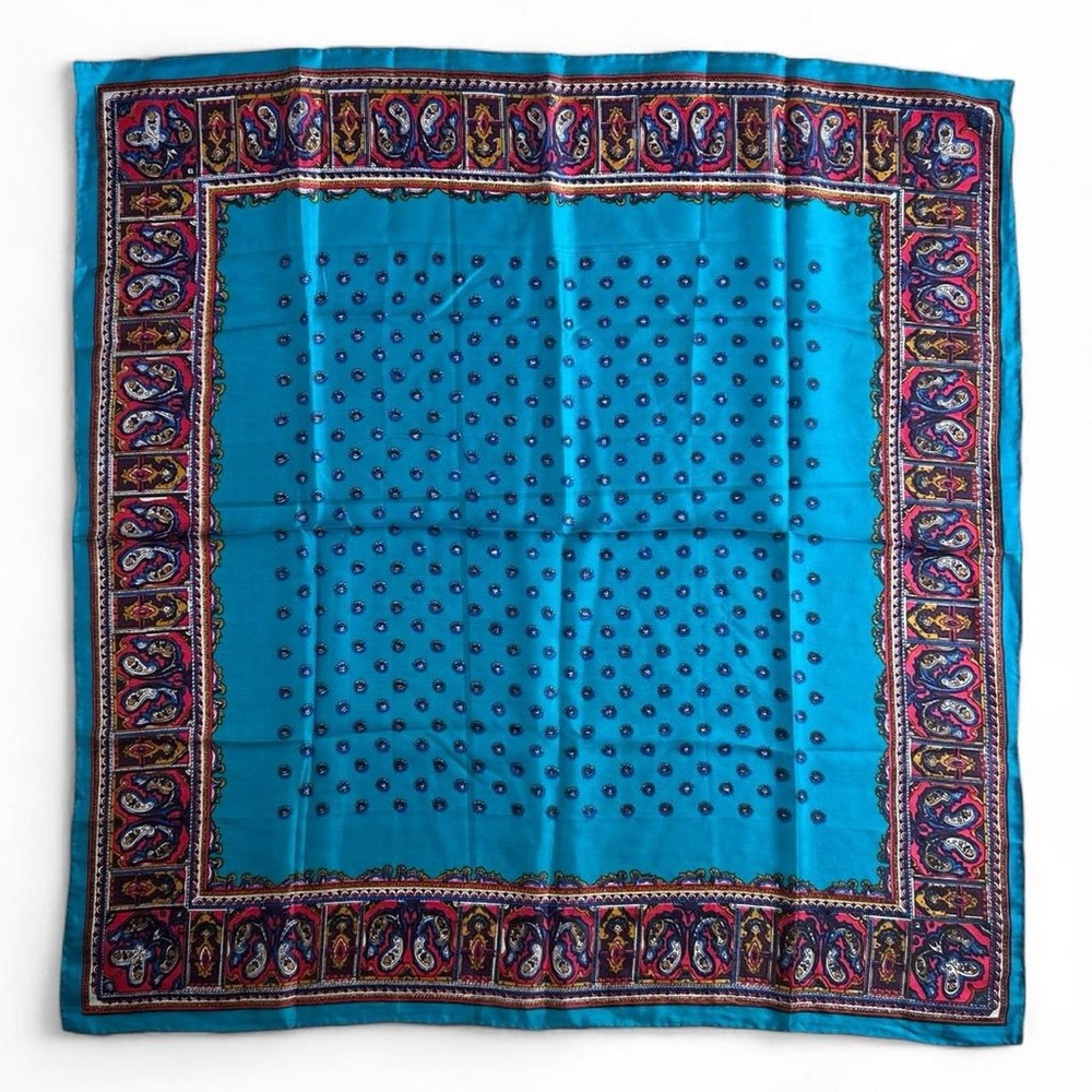 Blue Paisley Floral Vintage 100% Silk Scarf with a Retro Boho Vibe 28x29 inches
